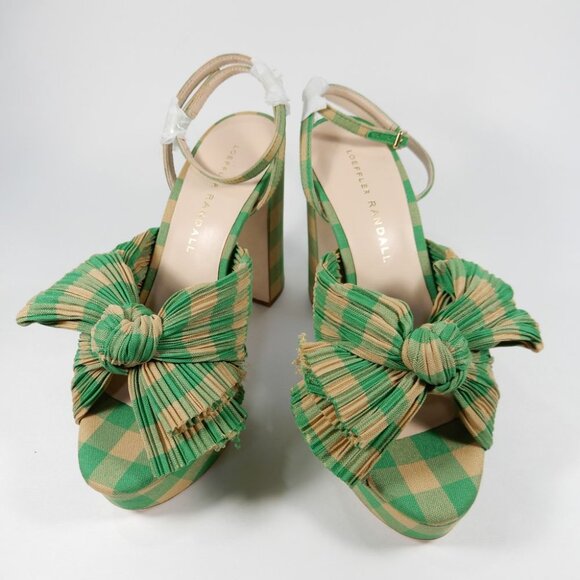 Loeffler Randall Natalia Bow Platform Heel SANDALS Size 5 Green Gingham NEW $450 - Picture 8 of 16